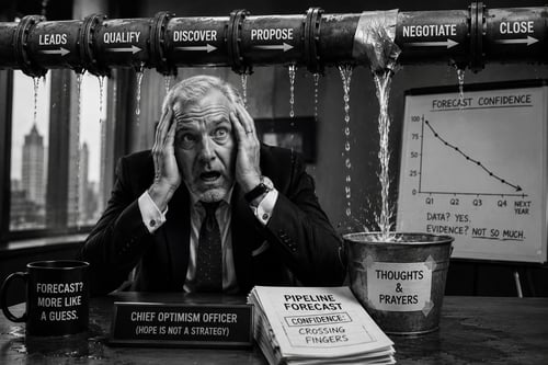 Exasperated CEO sitting beneath a leaking sales pipeline while water pours into a bucket, symbolising Pipeline Drift and the gradual loss of forecast confidence.