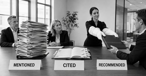 Three labelled signal cards for mention, citation and recommendation beside a calm leadership review scene.