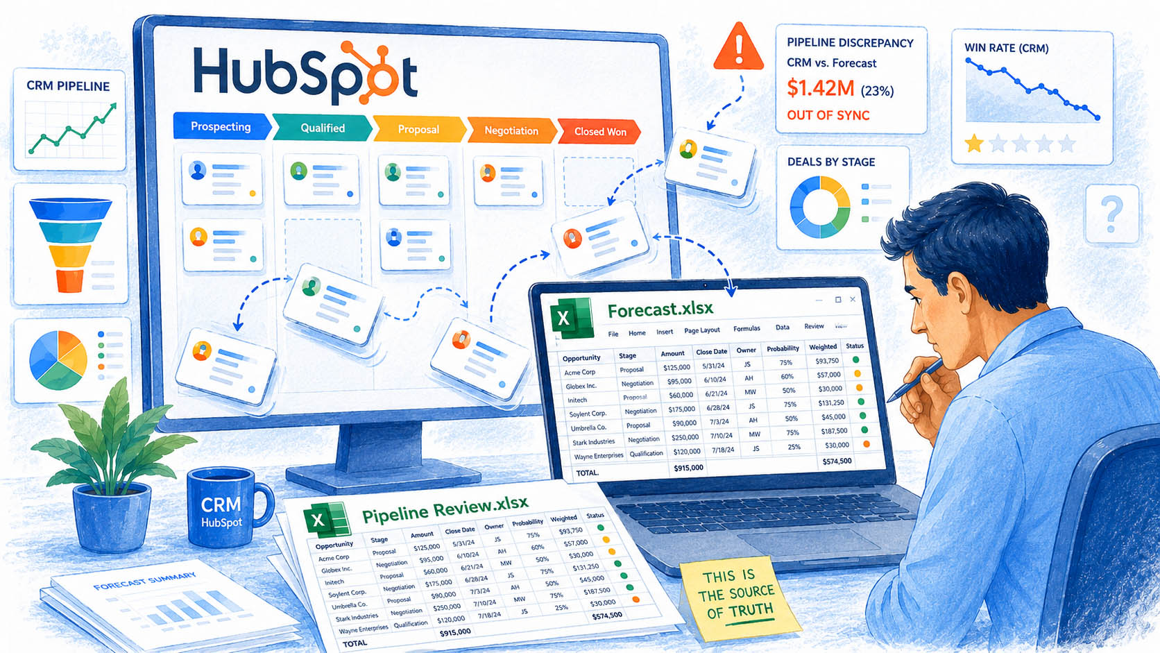 Illustration showing deals drifting through a sales pipeline while a manager compares HubSpot data with a spreadsheet.