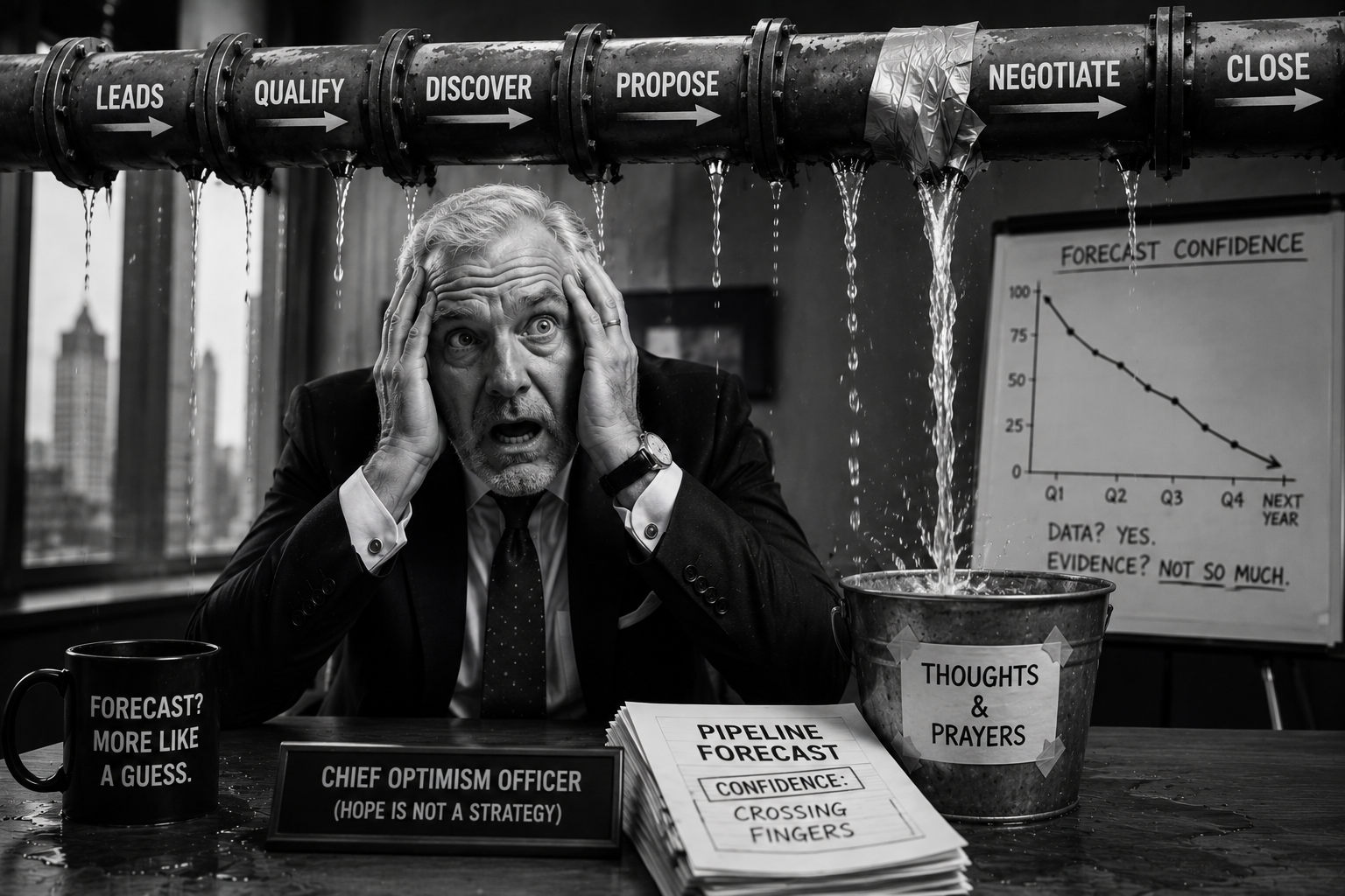 Exasperated CEO sitting beneath a leaking sales pipeline while water pours into a bucket, symbolising Pipeline Drift and the gradual loss of forecast confidence.