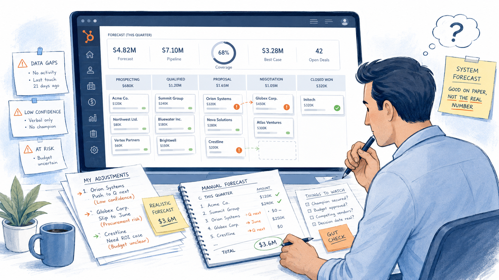 A sales leader manually correcting a HubSpot sales forecast using private notes and judgement.