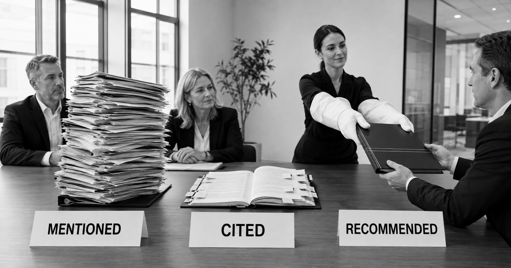 Three labelled signal cards for mention, citation and recommendation beside a calm leadership review scene.